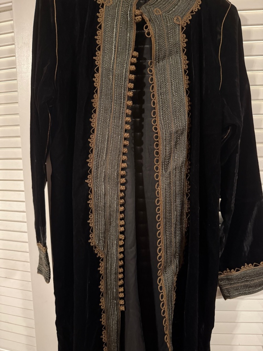 Black Velvet Long Coat with Ornate Gold-Tone Trim - Picture 4 of 16